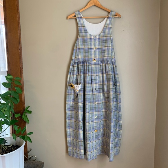 Handmade Dresses & Skirts - Vtg HANDMADE USA COTTAGECORE PLAID JUMPER DRESS Pinafore Trad Farmhouse Buttons